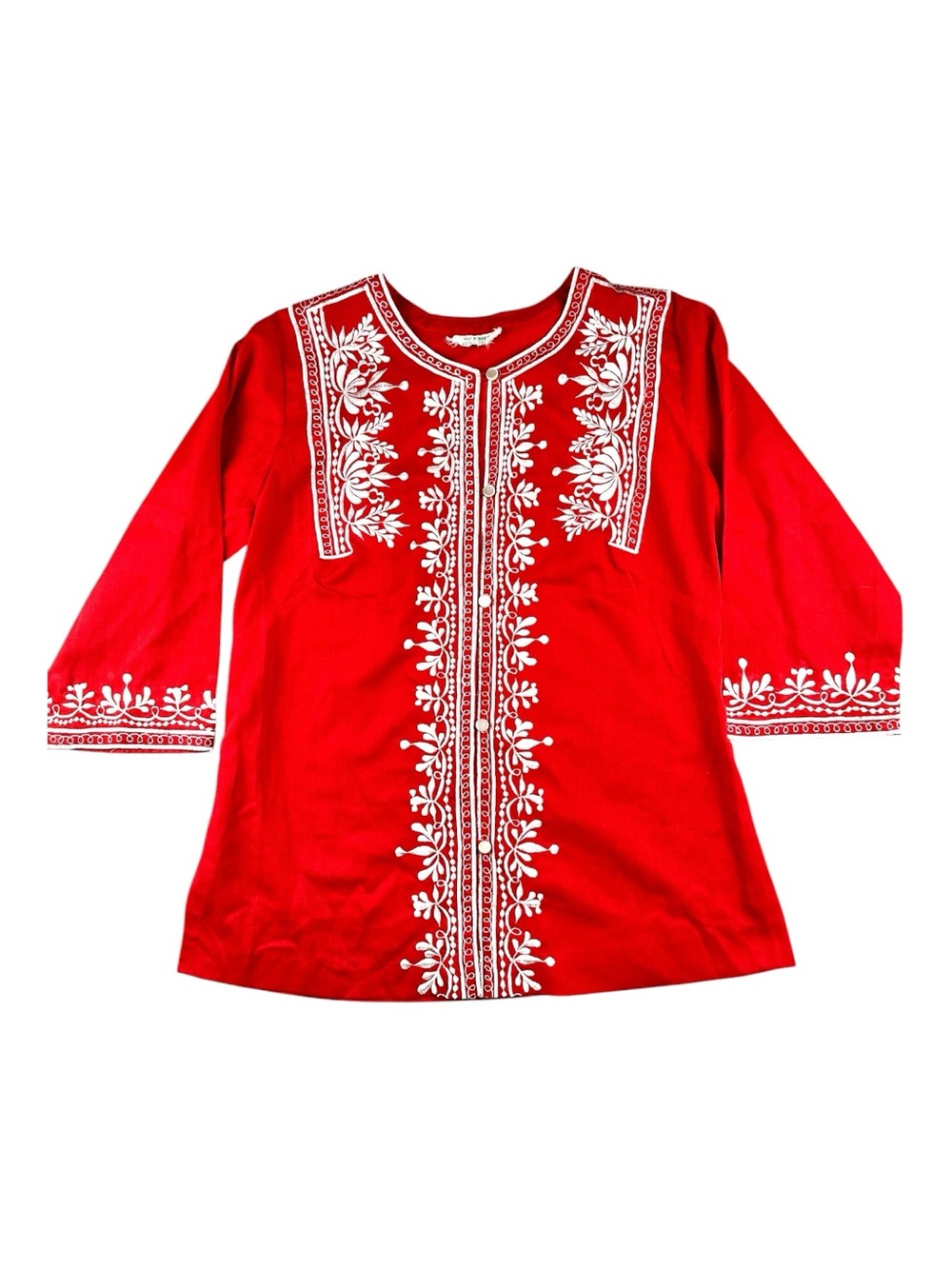 VTG Caro of Honolulu Red Embroidered Boho Tunic Top White Floral Folk S - Picture 2 of 8